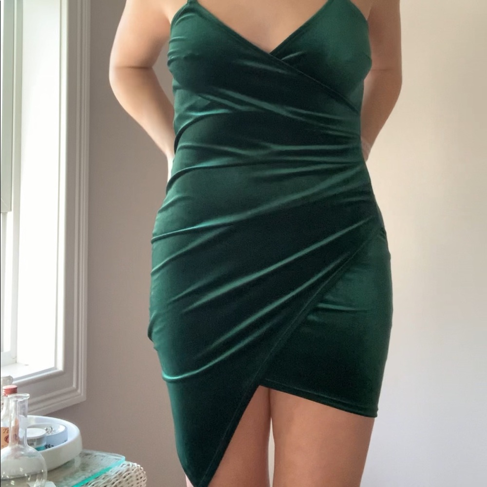Green velvet mini dress